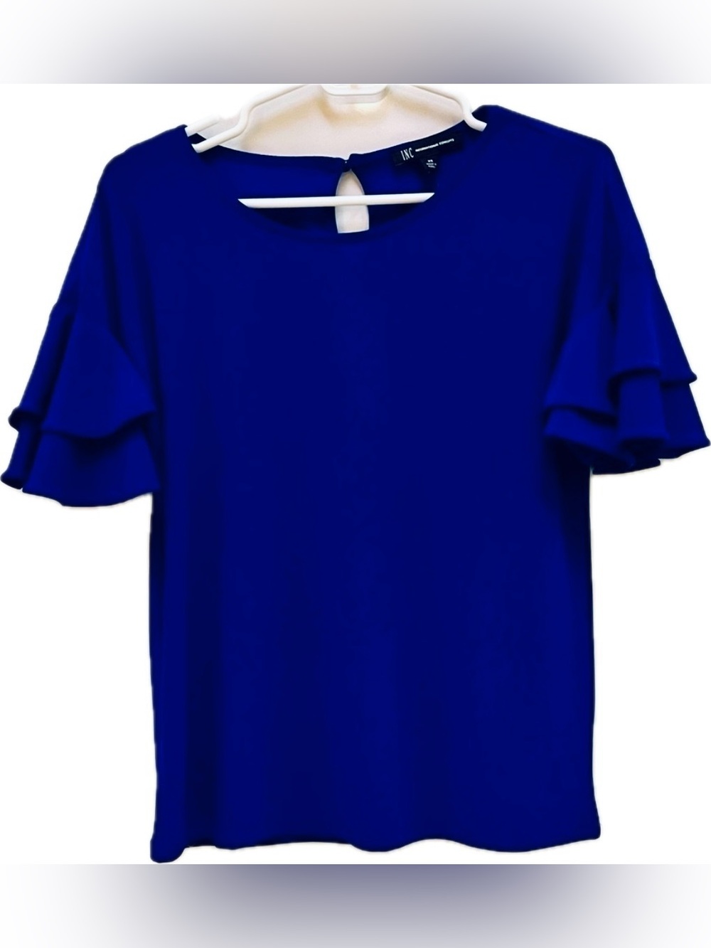 INC International Concepts Royal Blue Ruffle Sleeve Blouse XS Flowy Top NWT